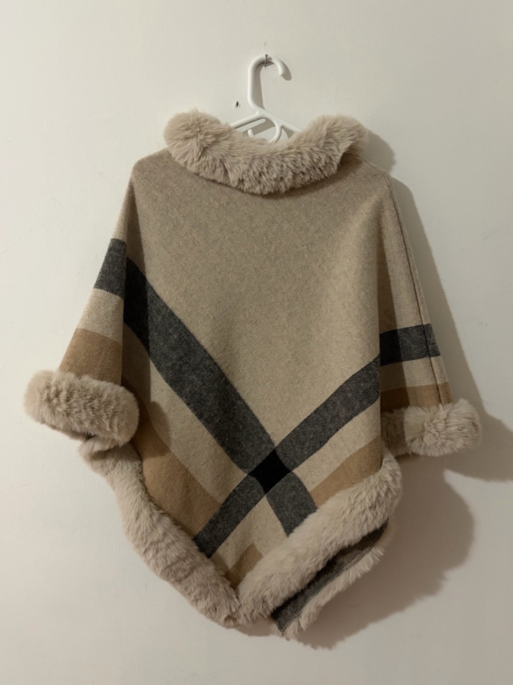 Beige Plaid Faux-Fur Trim Poncho Sweater